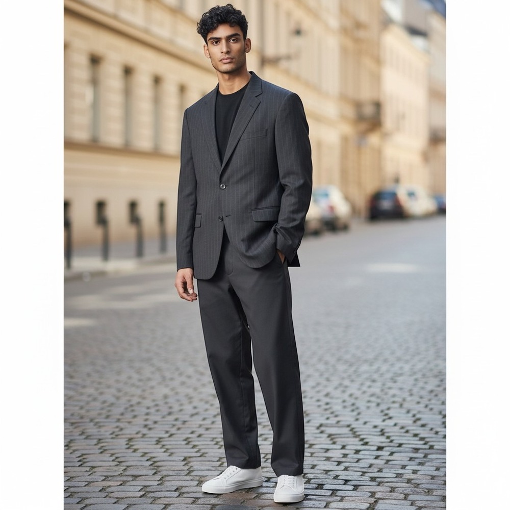 Towncraft Pinstripe Suit Jacket Blazer 48L Black Excellent‎ Wool Blend 2-Button